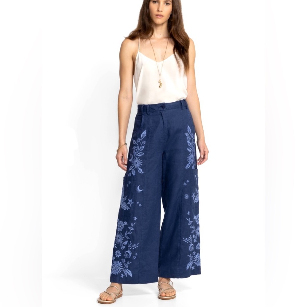 NEW Johnny Was Oleander Wide Leg Cropped Pants Tonal Embroidery Linen Blue S - Picture 4 of 15